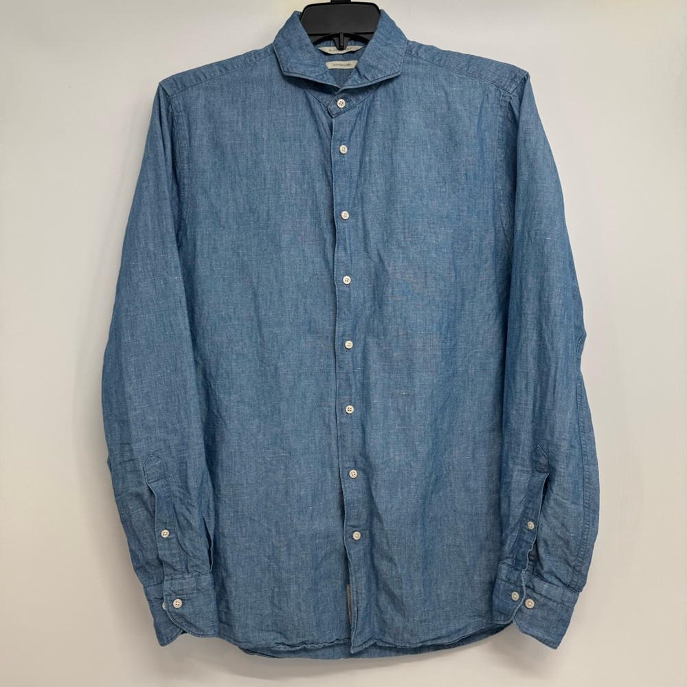 SUITSUPPLY Button Up Shirt 16 1/2 (42) Linen Cotton Blend Ex Slim Fit Chambray